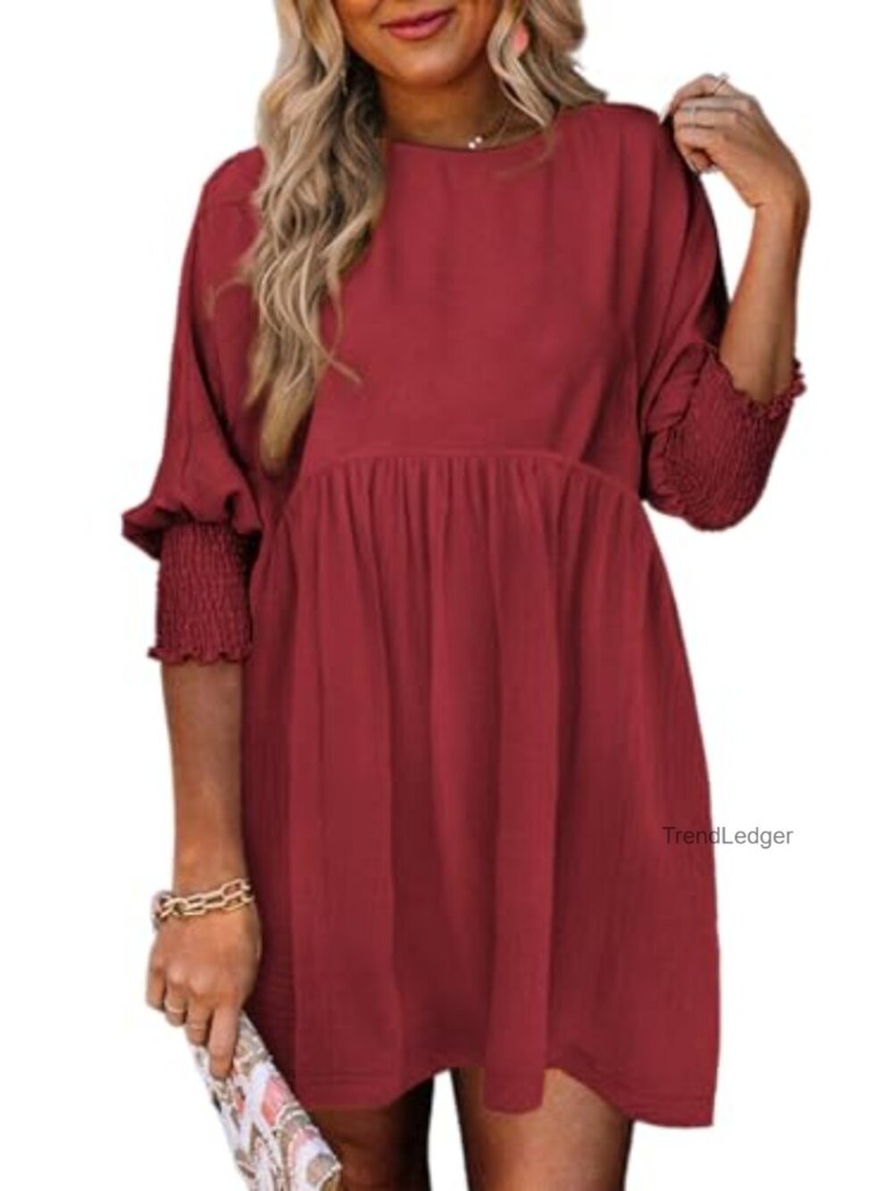 Dokotoo Women's Babydoll Mini Dress 3/4 Sleeve Empire Waist Ruffle Hem